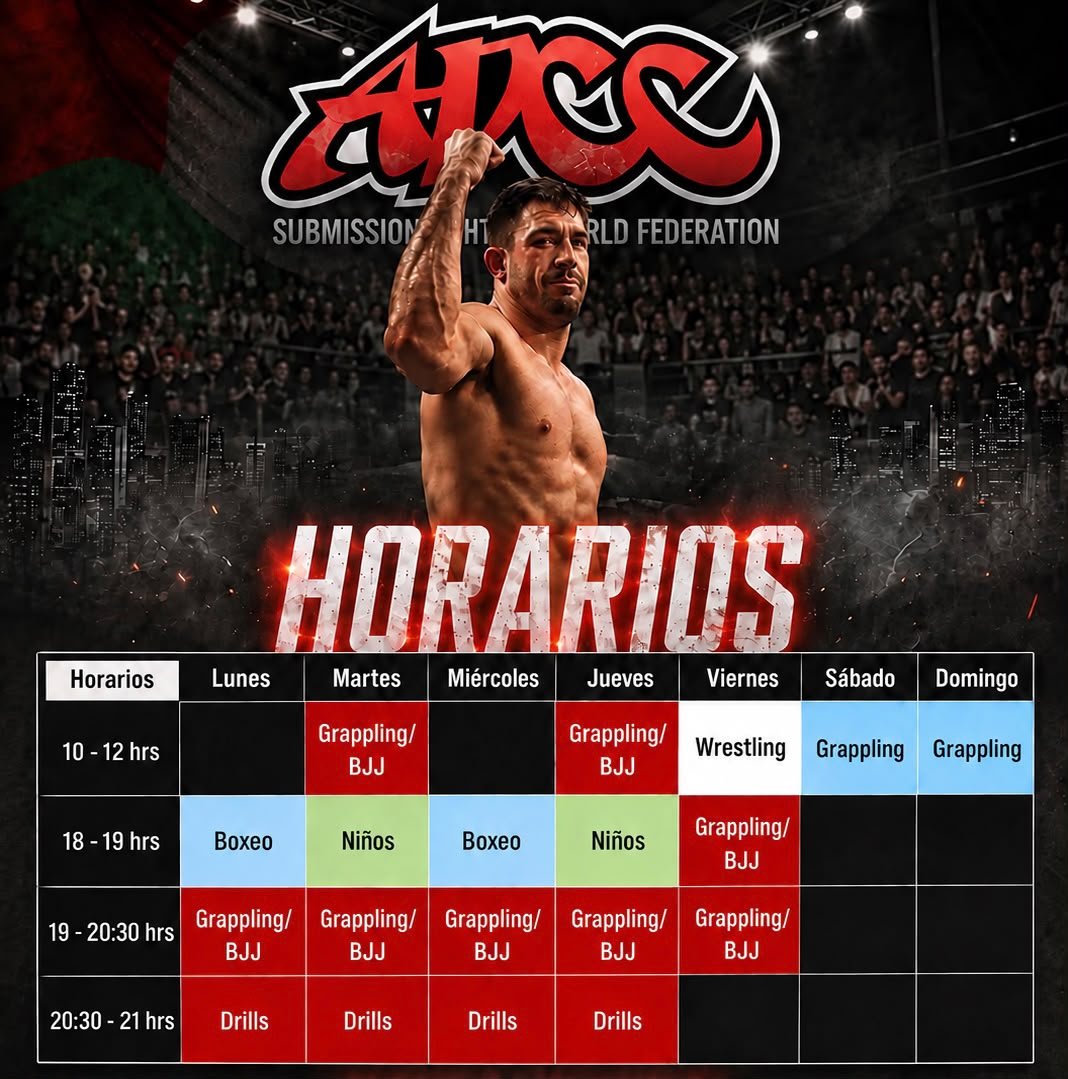 Horario semanal del Club de Lucha Roger Domínguez: Grappling/BJJ, Boxeo, Wrestling, clases de niños y drills de lunes a domingo